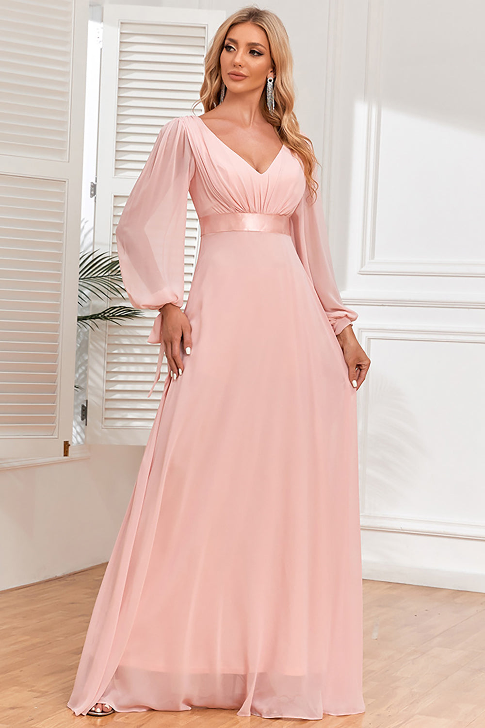 Blush A-Line Chiffon V-Neck Evening Dress with Long Sleeves