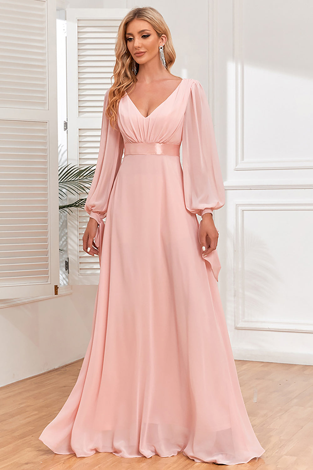 WEDTREND Women Blush Formal Dress with Long Sleeves A-Line Chiffon V-Neck Party Dress WEDTREND Women Blush Formal Dress with Long Sleeves A-Line Chiffon V-Neck Party Dress