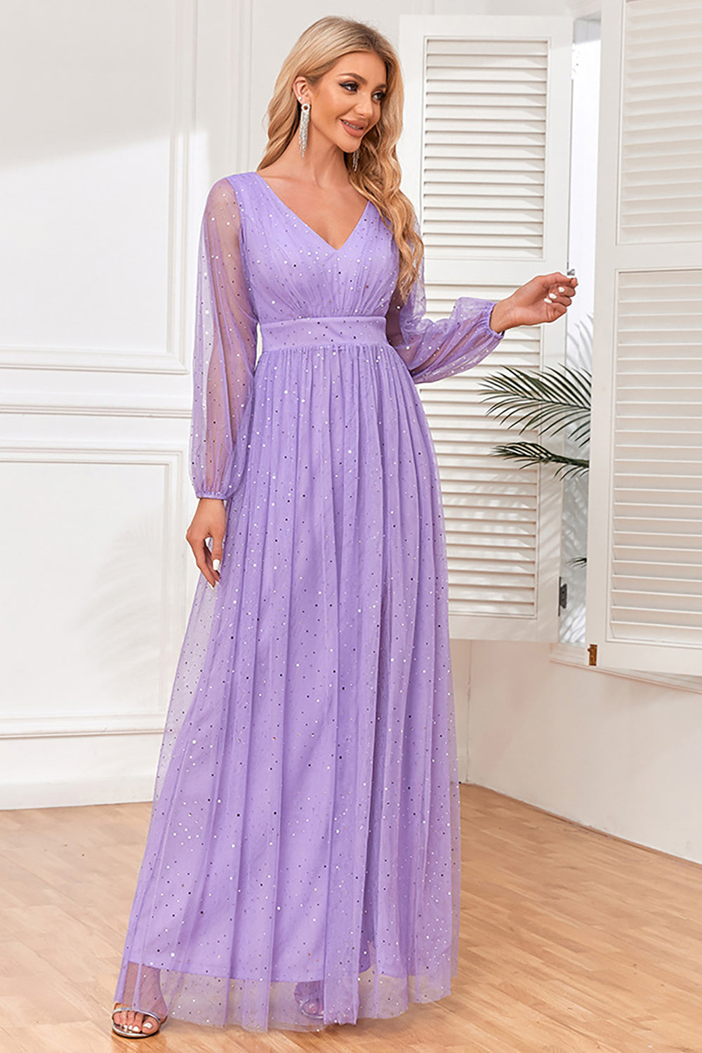 WEDTREND Women Lilac Formal Dress with Slit Tulle A-Line Long Sleeves Party Dress WEDTREND Women Lilac Formal Dress with Slit Tulle A-Line Long Sleeves Party Dress