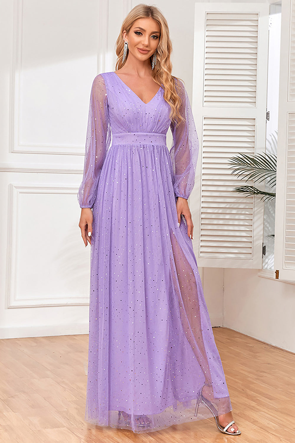 purple long sleeve dress WEDTREND Women Lilac Formal Dress with Slit Tulle A-Line Long Sleeves Party Dress