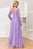 Lilac A-Line Long Sleeves Long Formal Dress with Slit