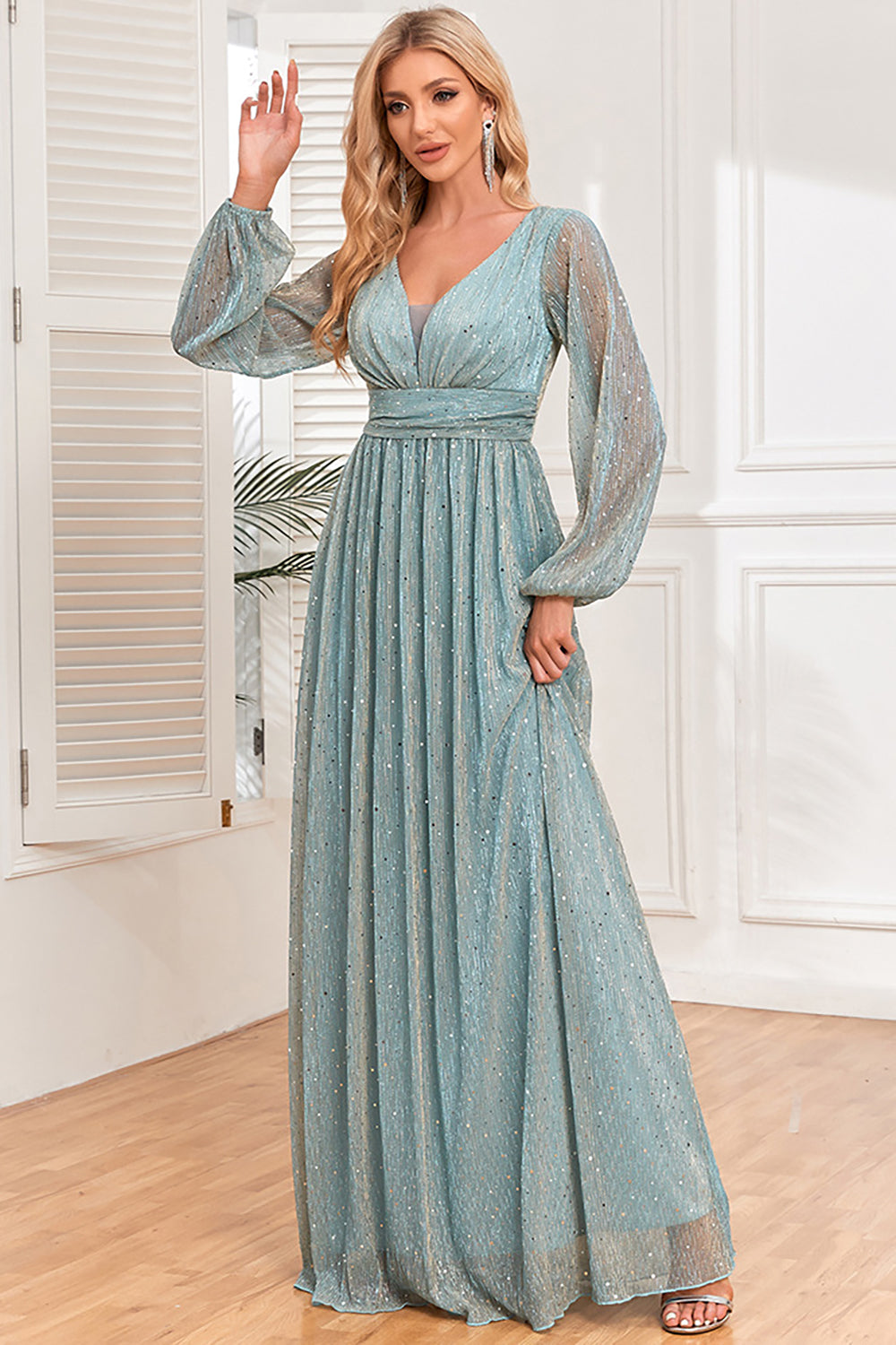 Chic Blue A-Line Sequins Formal Dress with Long Sleeves