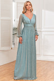 Chic Blue A-Line Sequins Formal Dress with Long Sleeves