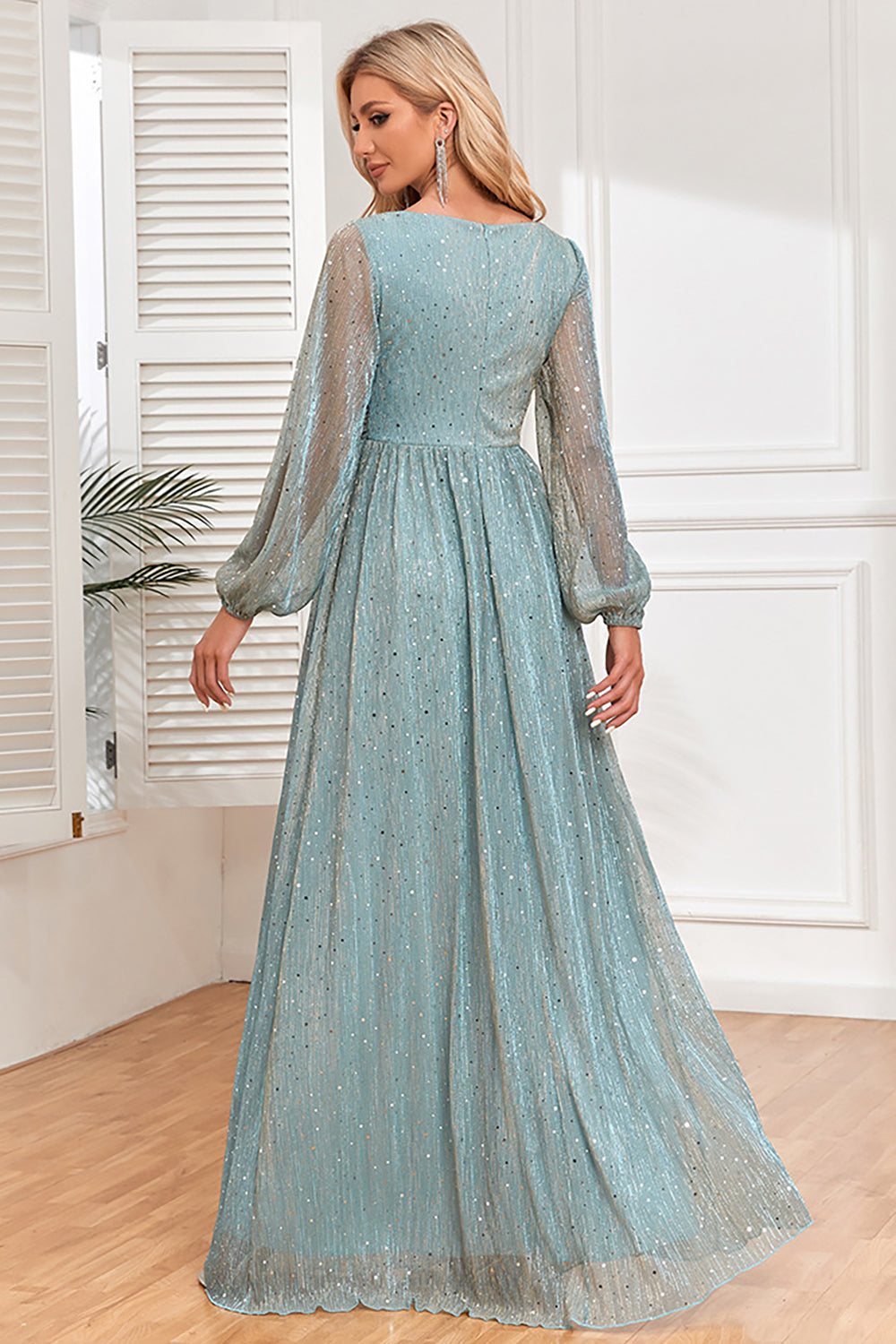 WEDTREND Women Chic Blue Formal Dress with Long Sleeves A-Line Sequins Party Dress WEDTREND Women Chic Blue Formal Dress with Long Sleeves A-Line Sequins Party Dress
