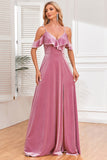 Glitter Dusty Rose Velvet Cold Shoulder Formal Dress with Slit