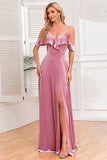 Glitter Dusty Rose Velvet Cold Shoulder Formal Dress with Slit