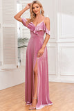 Glitter Dusty Rose Velvet Cold Shoulder Formal Dress with Slit