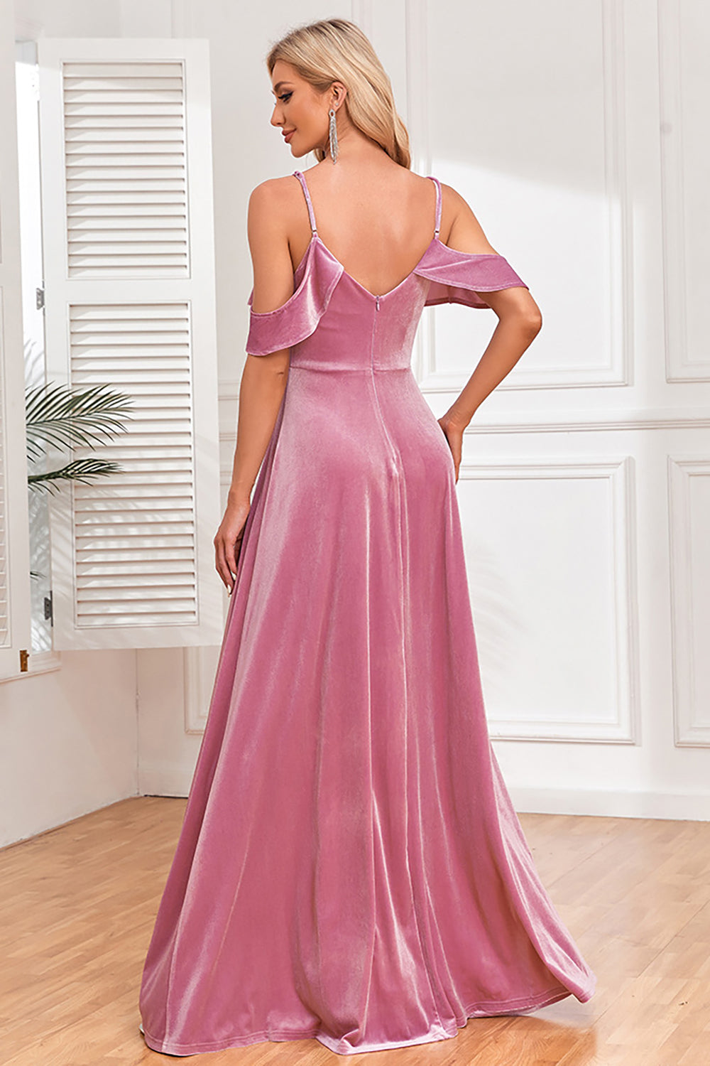 Glitter Dusty Rose Velvet Cold Shoulder Formal Dress with Slit