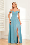 Glitter A-Line Cold Shoulder Blue Long Formal Dress with Slit
