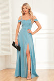 Glitter A-Line Cold Shoulder Blue Long Formal Dress with Slit