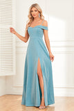 Glitter A-Line Cold Shoulder Blue Long Formal Dress with Slit