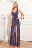 Glitter Purple A Line V-Neck Sleeveless Formal Dress with Slit