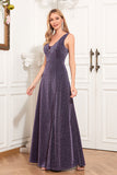 Glitter Purple A Line V-Neck Sleeveless Formal Dress with Slit