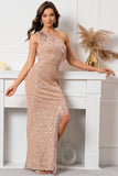 Glitter Champagne One Shoulder Holiday Party Dress with Fringes