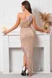 Glitter Champagne One Shoulder Holiday Party Dress with Fringes