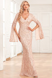 Mermaid Sparkly Champagne Long Formal Dress with Sleeves