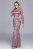 Dusty Rose Mermaid Boat Neck Evening Dress with Appliques