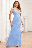 Sky Blue Glitter V-Neck Long Sequins Prom Dress