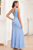 Sky Blue Glitter V-Neck Long Sequins Prom Dress