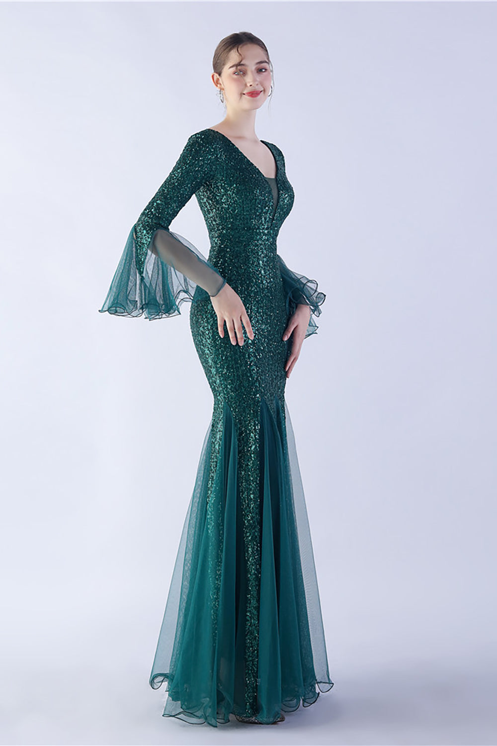 Dark Green Mermaid  V-Neck SequinLong Sleeves Formal Dress