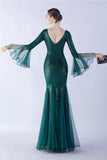 Dark Green Mermaid  V-Neck SequinLong Sleeves Formal Dress