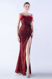 Black Sheath Spaghetti Straps Sequin Formal Dress with Feather