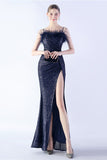 Black Sheath Spaghetti Straps Sequin Formal Dress with Feather