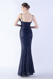 Black Sheath Spaghetti Straps Sequin Formal Dress with Feather