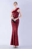 Metal Mermaid One Shoulder Sequin Formal Dress With Feather