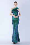 Metal Mermaid One Shoulder Sequin Formal Dress With Feather