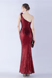 Metal Mermaid One Shoulder Sequin Formal Dress With Feather