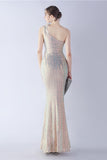 Metal Mermaid One Shoulder Sequin Formal Dress With Feather