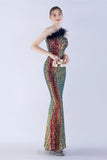 Metal Mermaid One Shoulder Sequin Formal Dress With Feather