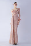 Mermaid One Shoulder Sequin Evening Dress With Feathers