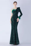 Mermaid One Shoulder Sequin Evening Dress With Feathers