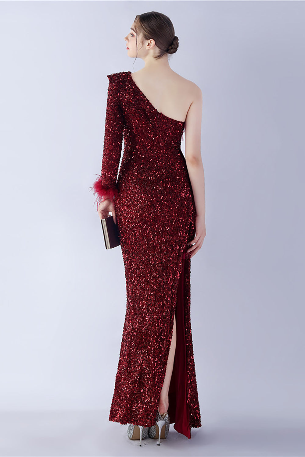 Mermaid One Shoulder Sequin Evening Dress With Feathers