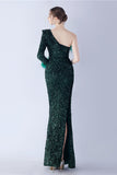 Mermaid One Shoulder Sequin Evening Dress With Feathers