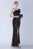 Mermaid One Shoulder Sequin Evening Dress With Feathers