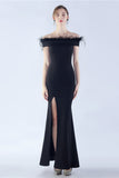 Navy Mermaid Off the Shoulder Crepe Formal Dress With Feather