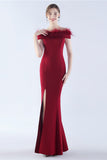 Navy Mermaid Off the Shoulder Crepe Formal Dress With Feather