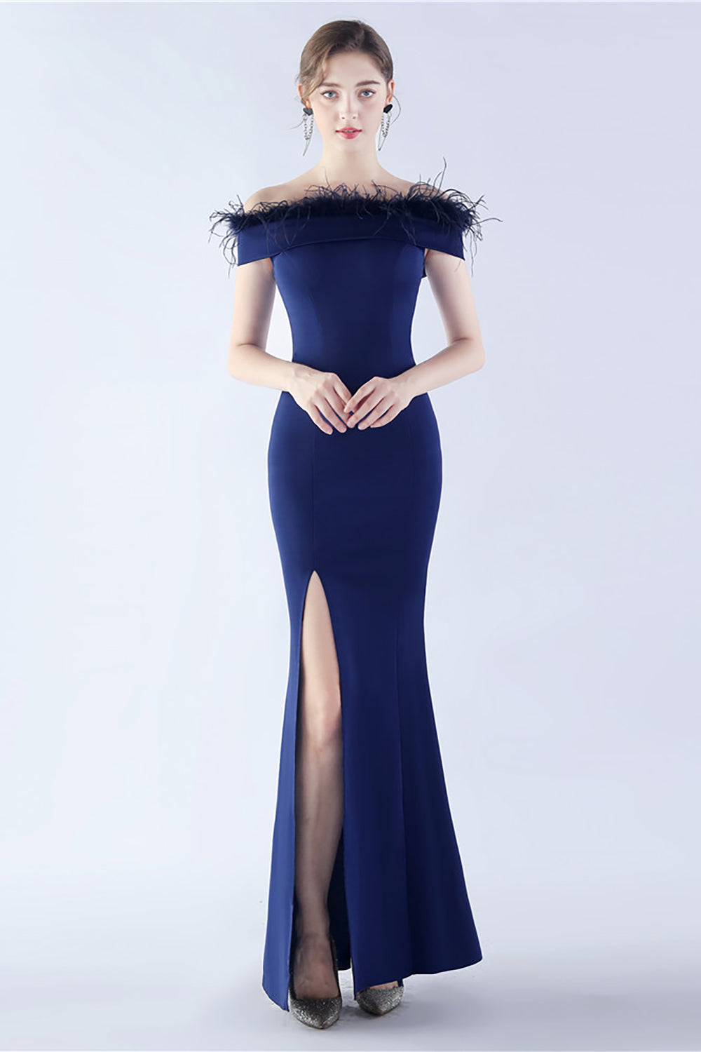 Navy Mermaid Off the Shoulder Crepe Formal Dress With Feather