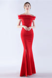 Navy Mermaid Off the Shoulder Crepe Formal Dress With Feather