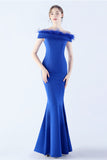 Navy Mermaid Off the Shoulder Crepe Formal Dress With Feather