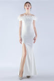 Navy Mermaid Off the Shoulder Crepe Formal Dress With Feather