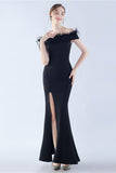 Navy Mermaid Off the Shoulder Crepe Formal Dress With Feather