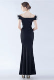 Navy Mermaid Off the Shoulder Crepe Formal Dress With Feather