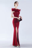 Navy Mermaid Off the Shoulder Crepe Formal Dress With Feather
