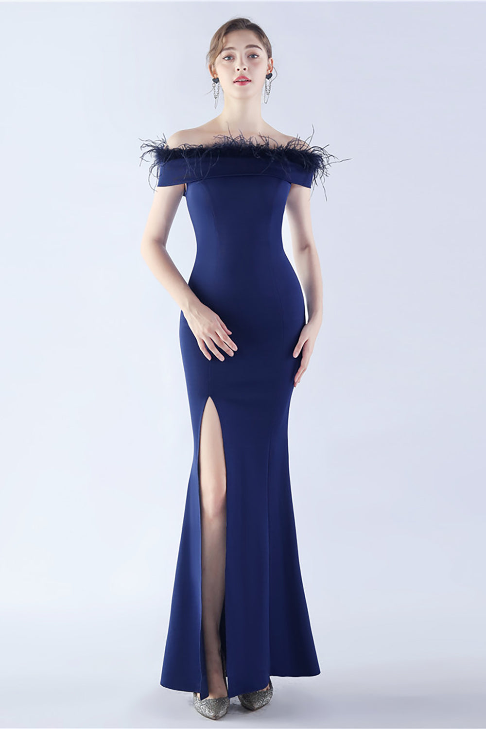 Navy Mermaid Off the Shoulder Crepe Formal Dress With Feather