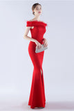 Navy Mermaid Off the Shoulder Crepe Formal Dress With Feather