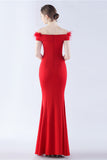 Navy Mermaid Off the Shoulder Crepe Formal Dress With Feather